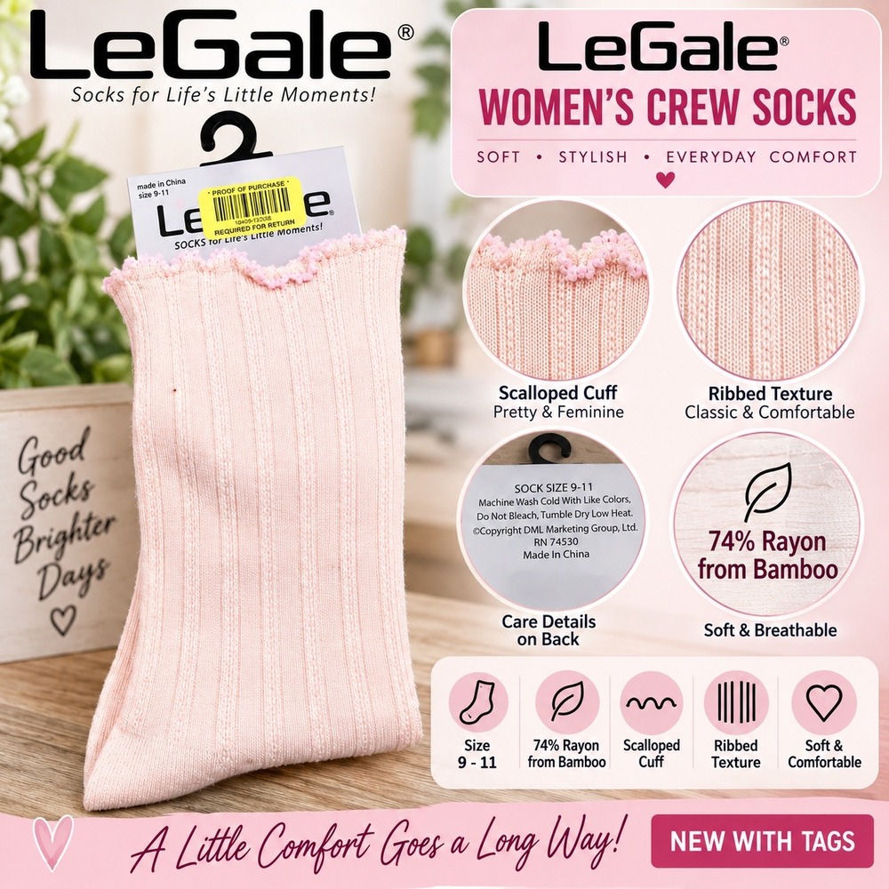 LeGale Womens Crew Socks Pink Ribbed Scalloped Cuff Rayon from Bamboo Size 9-11